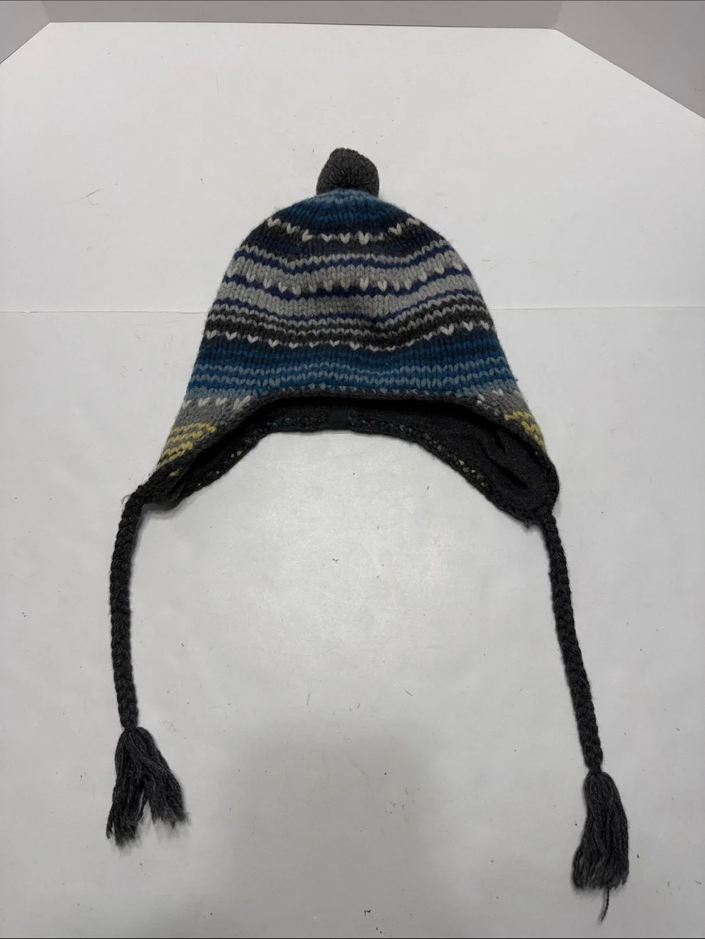 American Eagle Outfitters Blue, Gray, White & Yellow Striped Knit Earflap Hat